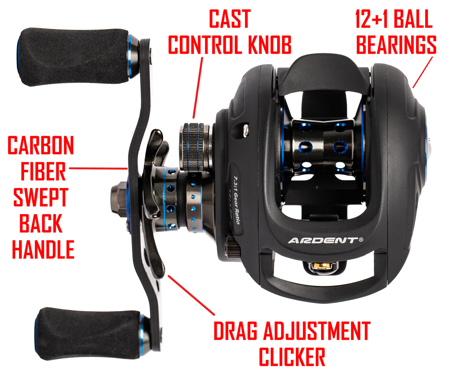 Black with blue APEX ELITE Baitcaster with red text. text: CAST CONTROL KNOB 12+1 BALL BEARINGS CARBON FIBER— SWEPT BACK HANDLE DRAG ADJUSTMENT CLICKER