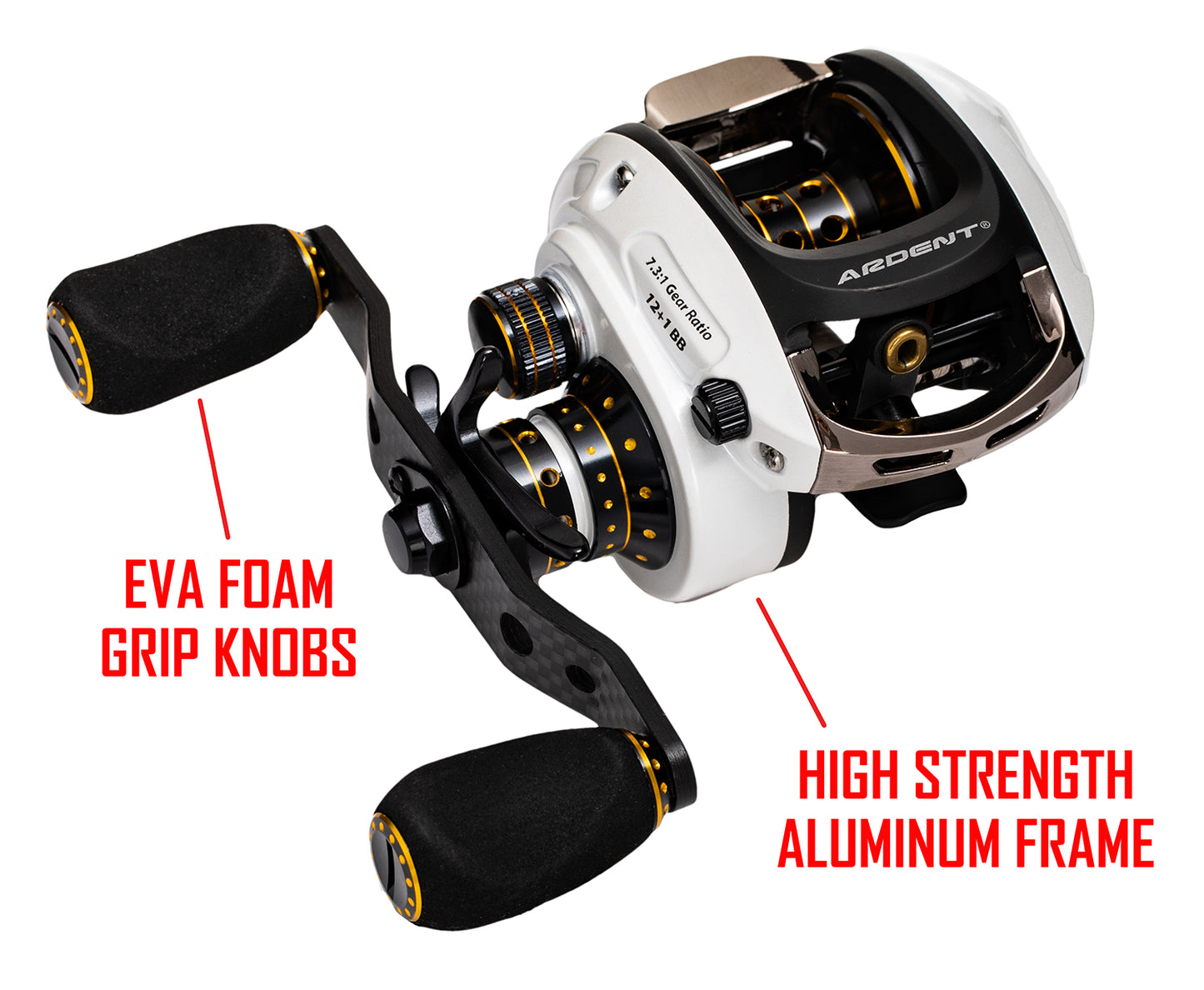 White and Black APEX GRAND BAITCASTER with red text. Text: EVA FOAM GRIP KNOBS, HIGH STRENGTH ALUMINUM FRAME