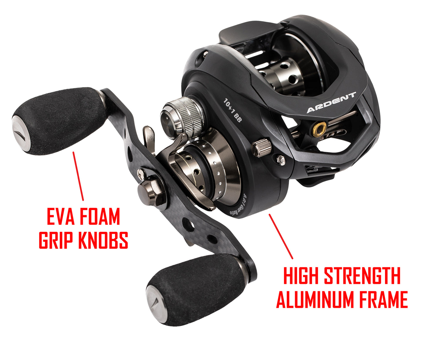 Black APEX LIGHTNING Baitcaster with red text. text: EVA FOAM GRIP KNOBS HIGH STRENGTH ALUMINUM FRAME