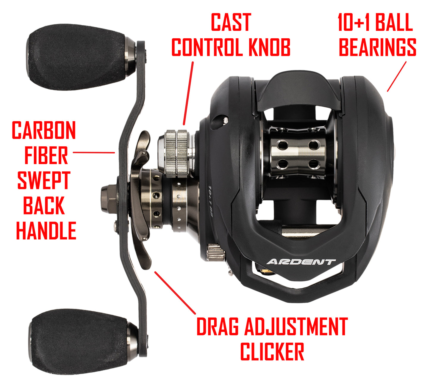 Black APEX LIGHTNING Baitcaster with red text. text: CAST CONTROL KNOB 10+1 BALL BEARINGS CARBON FIBER SWEPT BACK HANDLE DRAG ADJUSTMENT CLICKER