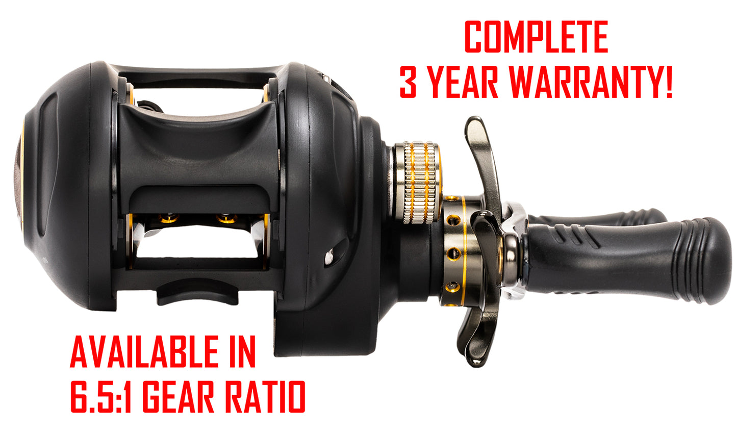 Black APEX TOURNAMENT Baitcaster with red text. text: COMPLETE 3 YEAR WARRANTY! AVAILABLE IN 6.5:1 GEAR RATIO