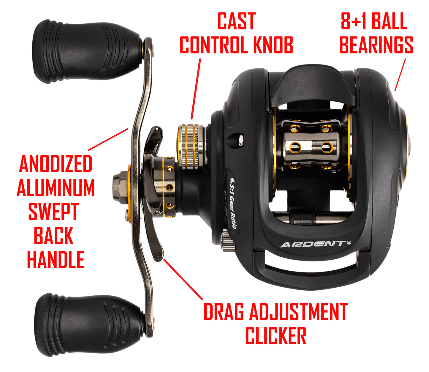 Black APEX TOURNAMENT Baitcaster with red text. text: CAST CONTROL KNOB 8+1 BALL BEARINGS ANODIZED ALUMINUM SWEPT BACK HANDLE DRAG ADJUSTMENT CLICKER