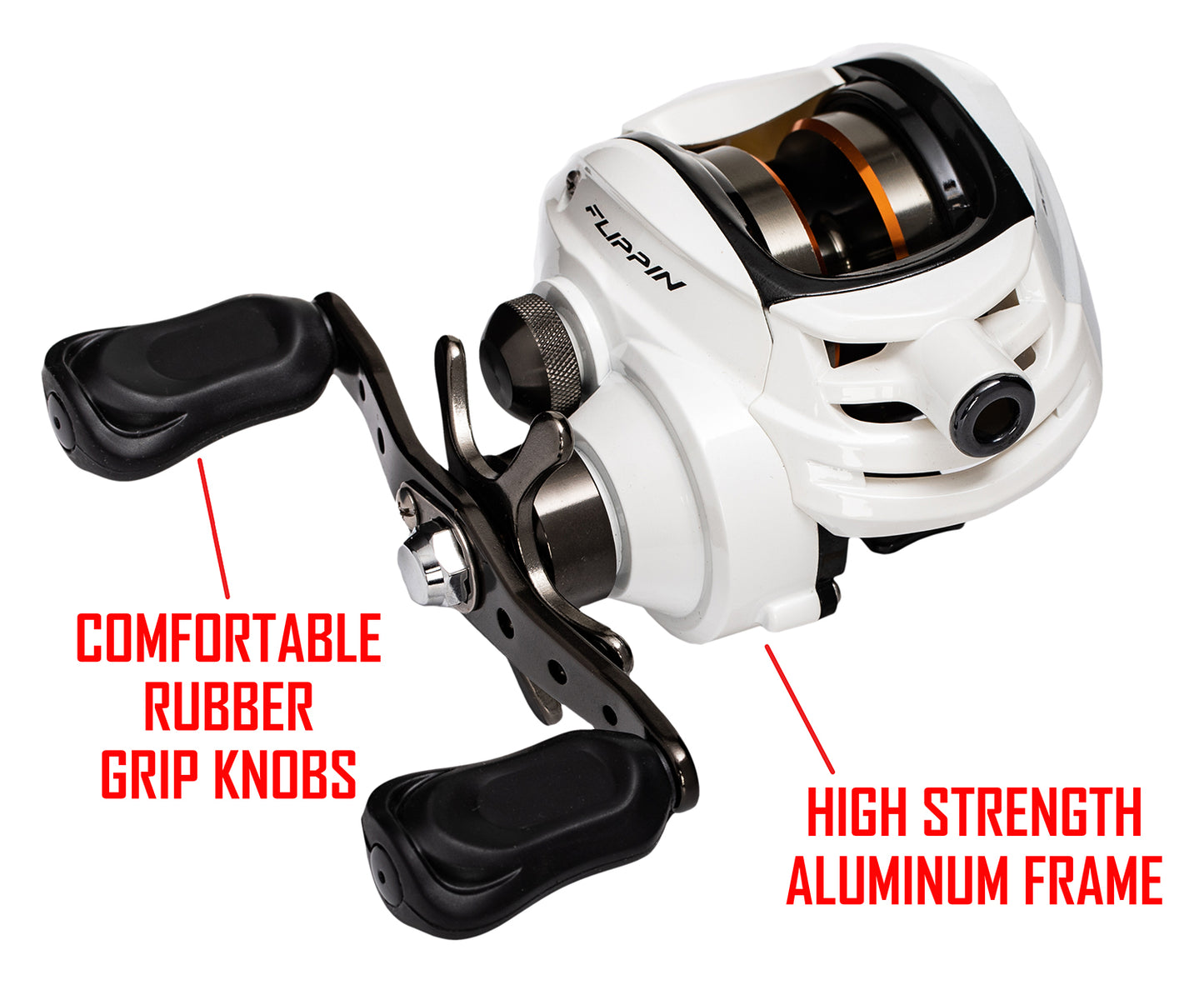White and black ARROW FLIPPING REEL - 7.0:1 RH with red text. text:COMFORTABLE RUBBER GRIP KNOBS HIGH STRENGTH ALUMINUM FRAME