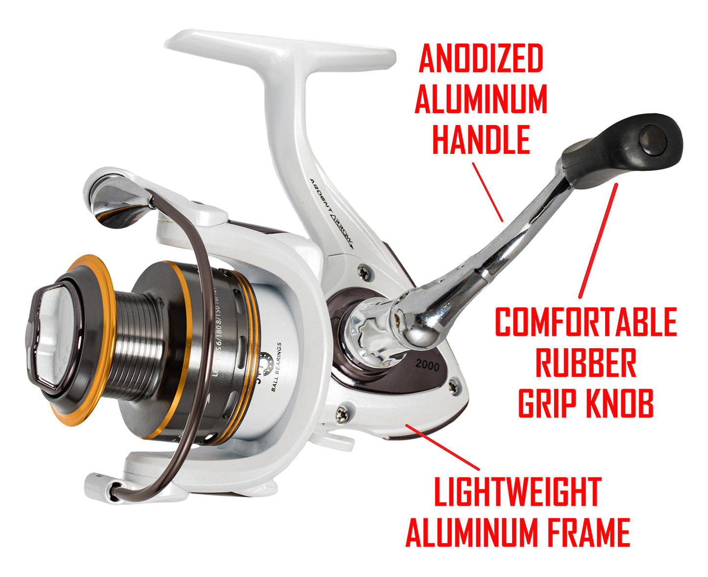 White and black ARROW SPINNING. RED REELS. text: ANODIZED ALUMINUM HANDLE COMFORTABLE RUBBER GRIP KNOB LIGHTWEIGHT ALUMINUM FRAME