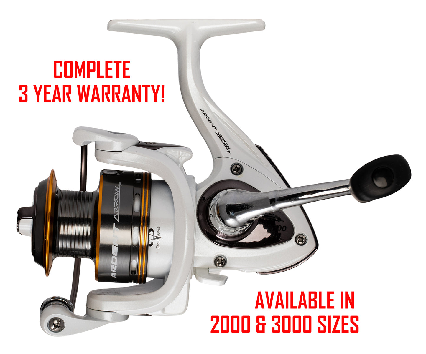 White and black ARROW SPINNING REELS. RED text: COMPLETE 3 YEAR WARRANTY! AVAILABLE IN 2000 and 3000 SIZES