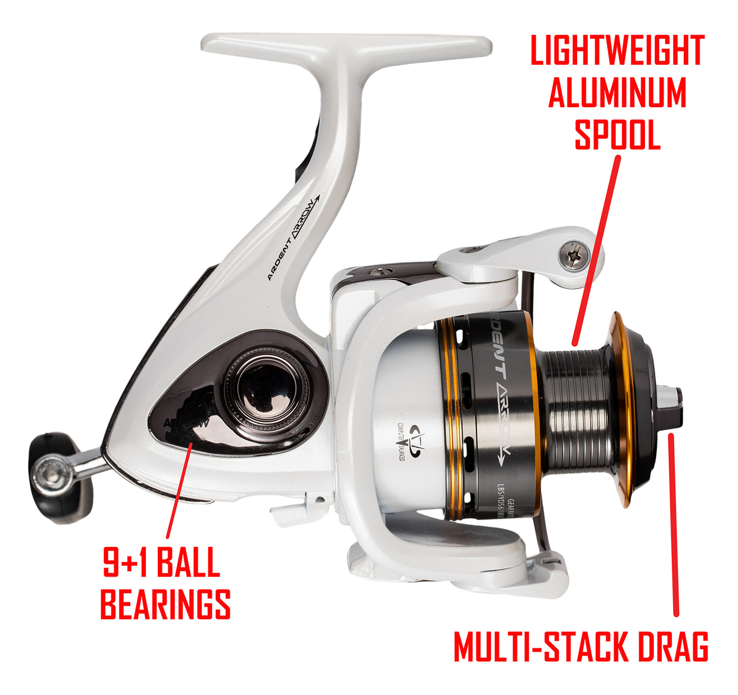 White and black ARROW SPINNING REELS. RED text: 9+1 BALL BEARINGS LIGHTWEIGHT ALUMINUM SPOOL MULTI-STACK DRAG