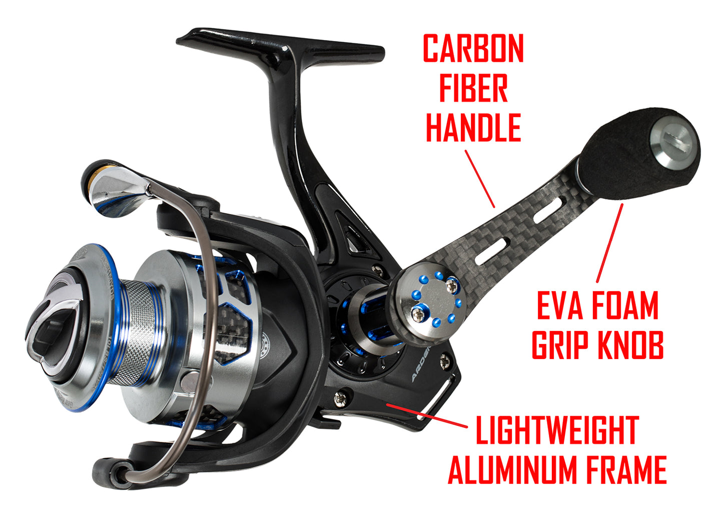 Black and blue BOLT SPINNING REEL. RED text: CARBON FIBER HANDLE EVA FOAM GRIP KNOB LIGHTWEIGHT ALUMINUM FRAME