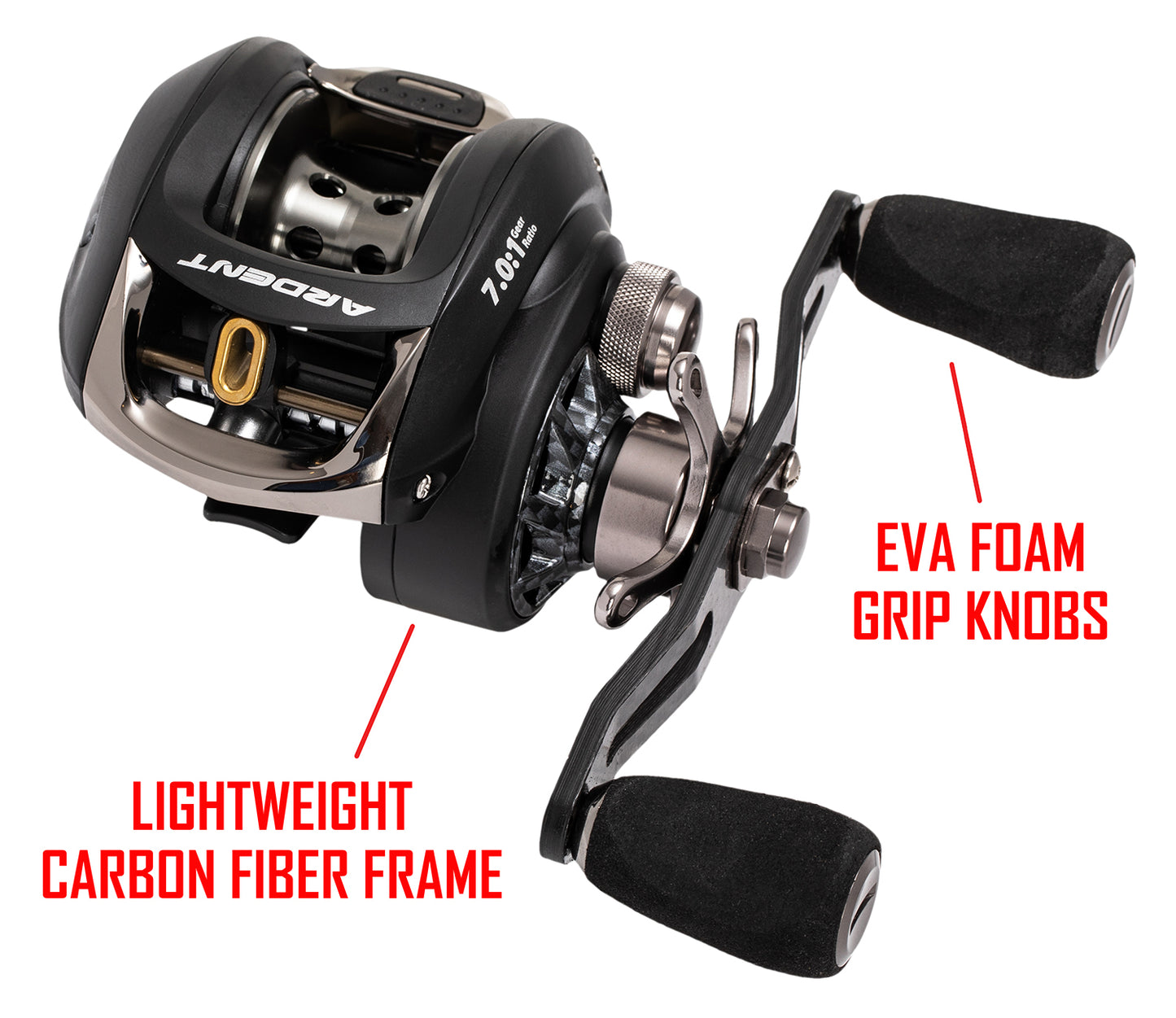 C-FORCE BAITCASTING REEL - LEFT HAND. RED text: EVA FOAM GRIP KNOBS, LIGHTWEIGHT CARBON FIBER FRAME