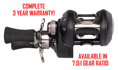 C-FORCE BAITCASTING REEL - LEFT HAND. RED text:  COMPLETE 3 YEAR WARRANTY! AVAILABLE IN 7.0:1 GEAR RATIO