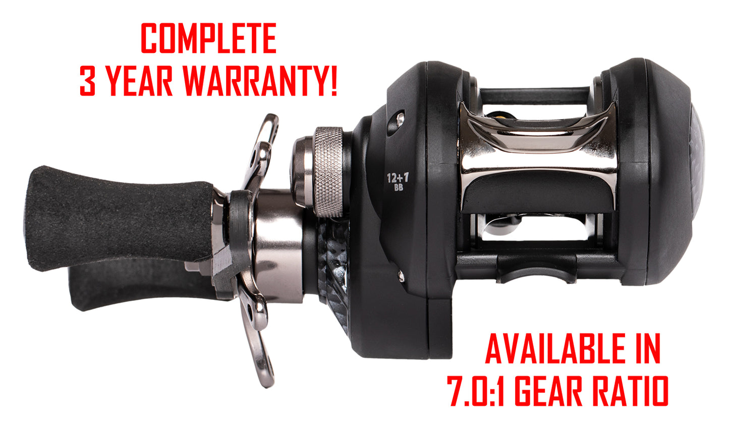 C-FORCE BAITCASTING REEL - LEFT HAND. RED text: COMPLETE 3 YEAR WARRANTY! AVAILABLE IN 7.0:1 GEAR RATIO