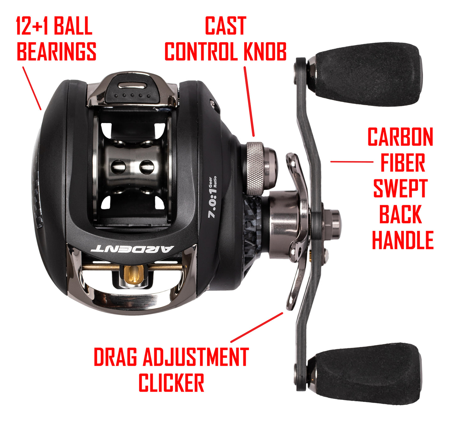 C-FORCE BAITCASTING REEL - LEFT HAND. RED text: 12+1 BALL BEARINGS CAST CONTROL KNOB CARBON FIBER SWEPT BACK HANDLE DRAG ADJUSTMENT CLICKER