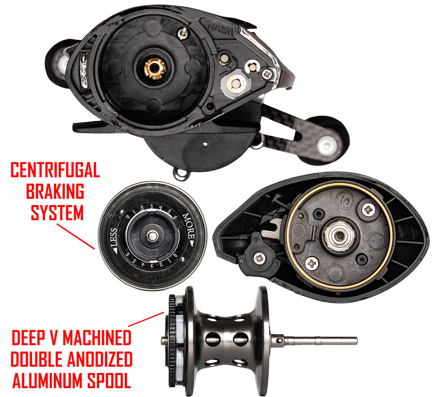 C-FORCE BAITCASTING REEL - LEFT HAND. RED text: CENTRIFUGAL BRAKING SYSTEM, DEEP V MACHINED DOUBLE ANODIZED ALUMINUM SPOOL