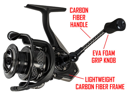 Black C-FORCE SPINNING REEL. RED text: CARBON FIBER HANDLE EVA FOAM GRIP KNOB LIGHTWEIGHT CARBON FIBER FRAME