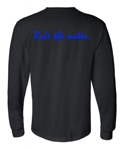 Back of a long sleeve black shirt with blue text, text on the shirt: Ride the water.