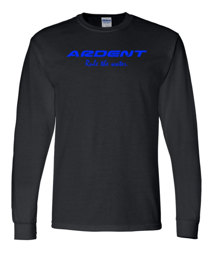 Front of a long sleeve black shirt with blue text, text on the shirt: ARDENT Ride the water.
