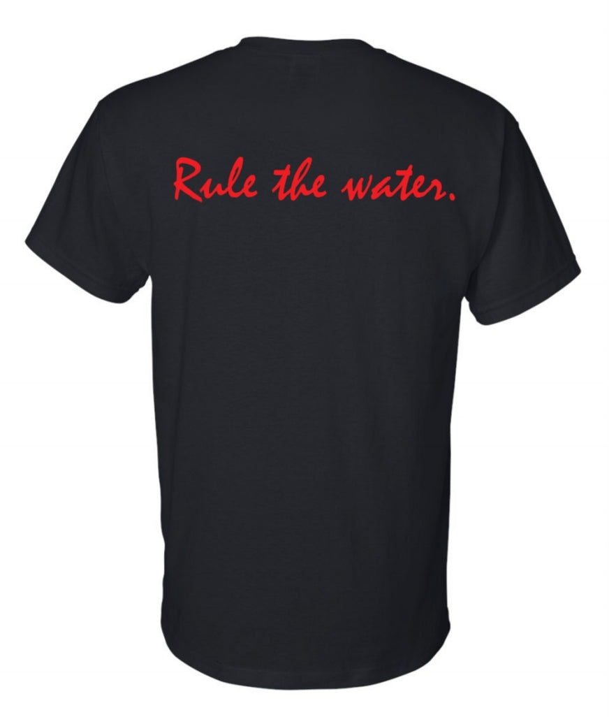 The back of a black shirt with red text, text on the shirt: Rule the water.