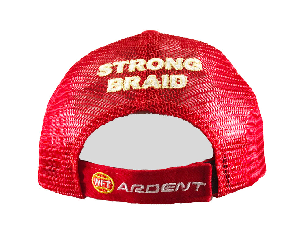 RED cap. Yellow and white TEXT on the cap: STRONG BRAID, ARDENDT.