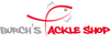 a red and gray logo with a fish and text, text in image: BURCH'S ACKLE SHOP