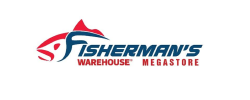 a logo of fishersmans warehouse megastore with text in Red and Blue. text in image: FISHERMAN'S WAREHOUSE MEGASTORE
