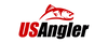 a red fish with black and red letters. text: US ANgler