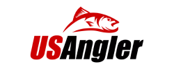 a red fish with black and red letters. text: US ANgler