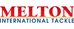 a red and blue text on a white background, text in image: MELTON NTERNATIONAL TACKLE